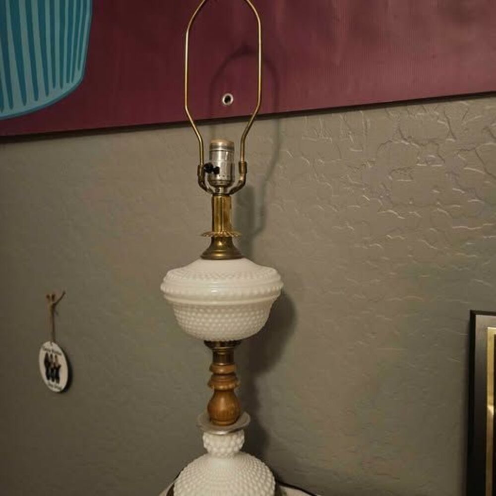 Vintage Hobnail Milk Glass and Brass Table Lamp